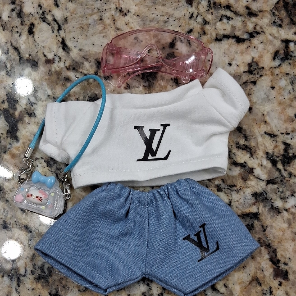 White and Blue Doll Outfit with Pink Accessories